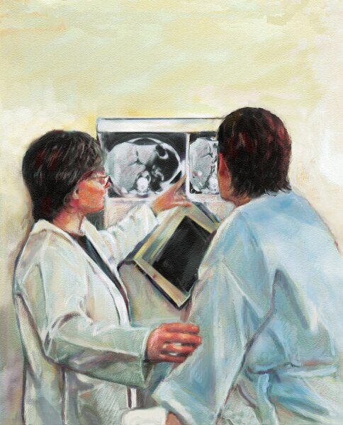 Ilustración de un médico señalando hacia una radiografía de un hígado que cuelga de una pared y explicando la radiografia a un paciente que está sentado sobre una mesa de examinación. El médico y el paciente están mirando la radiografia.