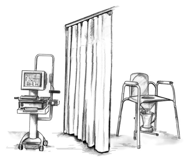 Drawing of a computer that collects uroflowmetry data. A curtain separates the computer from a special toilet attached to a container for catching and measuring urine.
