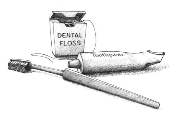 Dibujo de un cepillo de dientes, dentífrico y seda dental, juntos sobre una mesa.