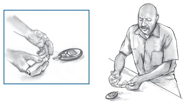 Drawing of an older man testing his blood glucose level with a blood glucose meter. He is seated at a table. The meter is on a table in front of him and a insert of a person testing their blood glucose level with a blood glucose meter.