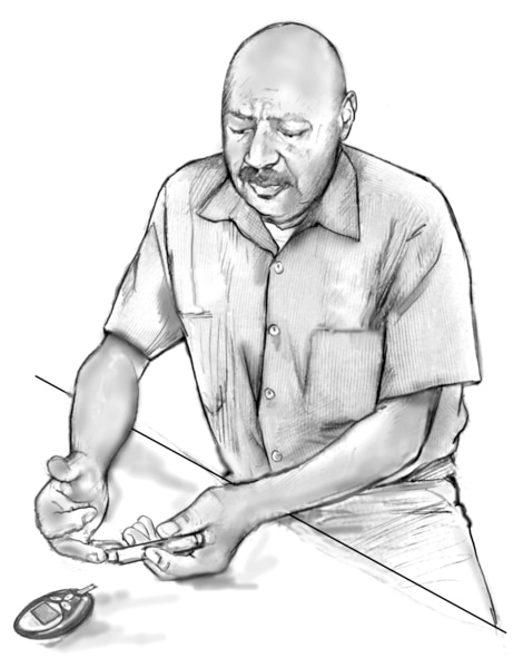 Drawing of an older man testing his blood glucose level with a blood glucose meter. He is seated at a table. The meter is on a table in front of him.