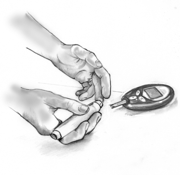 Drawing of a person testing their blood glucose level with a blood glucose meter.