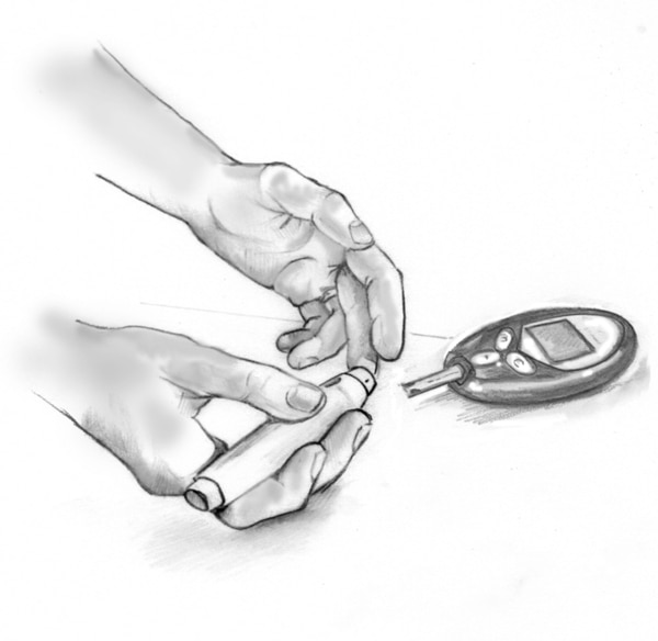 Drawing of a person testing their blood glucose level with a blood glucose meter.