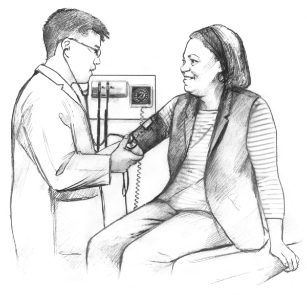 Illustration of a male doctor checking a woman’s blood pressure.