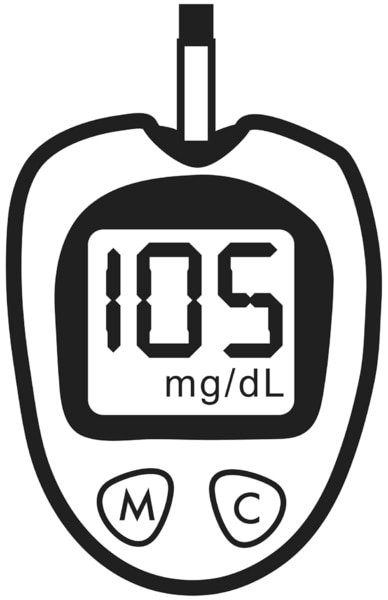Drawing of a blood glucose meter with a test strip inserted. The screen shows a result of 105.