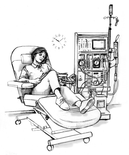 Drawing of a woman receiving hemodialysis treatment in a clinic. A wall clock behind the woman reads 10:10 a.m