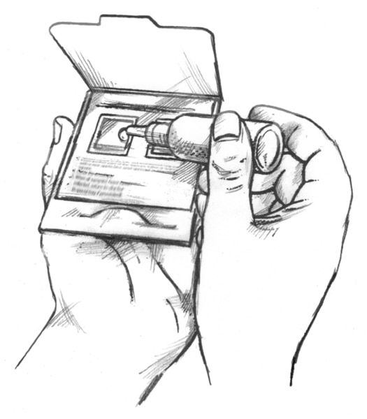 Drawing of hands holding a card containing a stool sample. A drop of liquid is being applied to the stool sample to test for fecal occult blood.