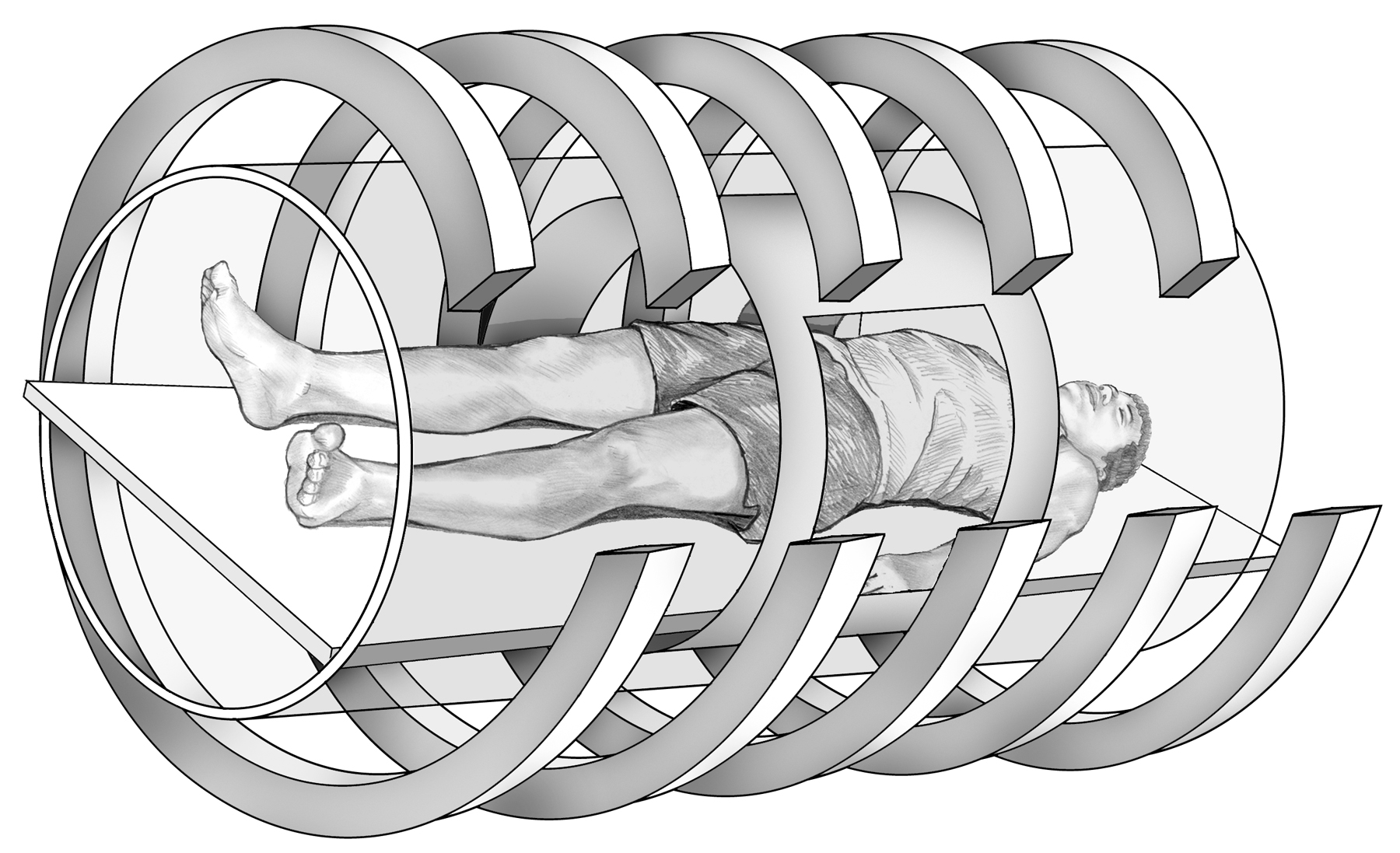A magnetic resonance imaging machine with a male patient lying on ...