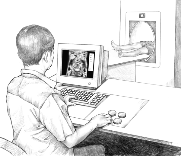 Drawing of a health care worker looking at an image on a computer screen as a patient lies in an imaging tunnel.