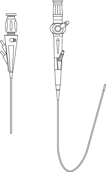 Drawing of two cystoscopes. The rigid cystoscope has a straight stem. The semirigid cystoscope is drawn with a u-shaped bend.