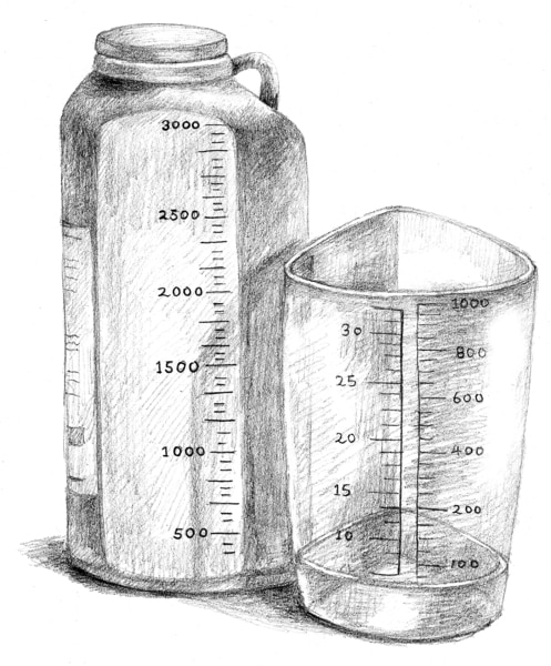 Drawing of two containers for collecting urine.