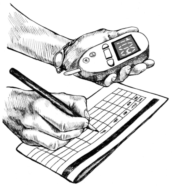 Ilustración de una mano que agarra un monitor de glucosa y la otra mano agarrando un lápiz cerca de un registro diario para anotar los niveles de glucosa.