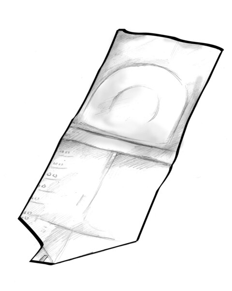 Ilustración de una bolsa colectora de orina para bebés. La bolsa tiene una cinta adhesiva circular que se ajusta alrededor de la zona genital del niño.