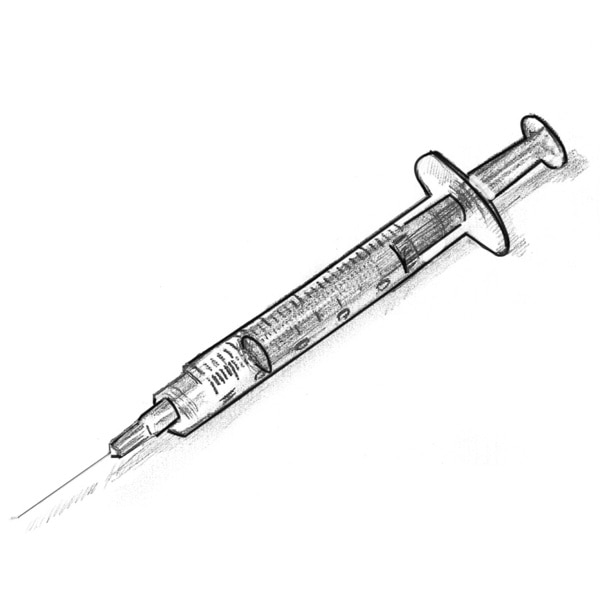 Drawing of a needle and syringe for injecting insulin.