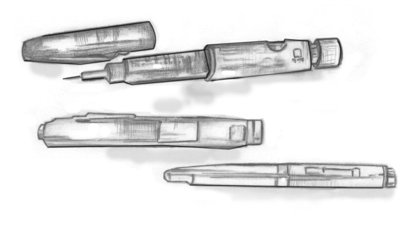 Drawing of several types of insulin pens. One of the pens has a needle attached.