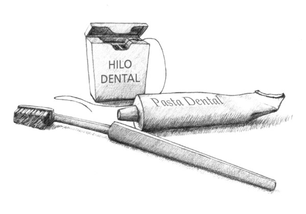 Ilustración de una caja de hilo dental, un tubo de pasta dental y un cepillo de dientes.