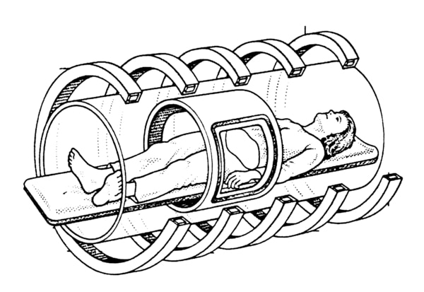 Drawing of a female patient lying in a magnetic resonance imaging machine. Circular magnets surround the patient.