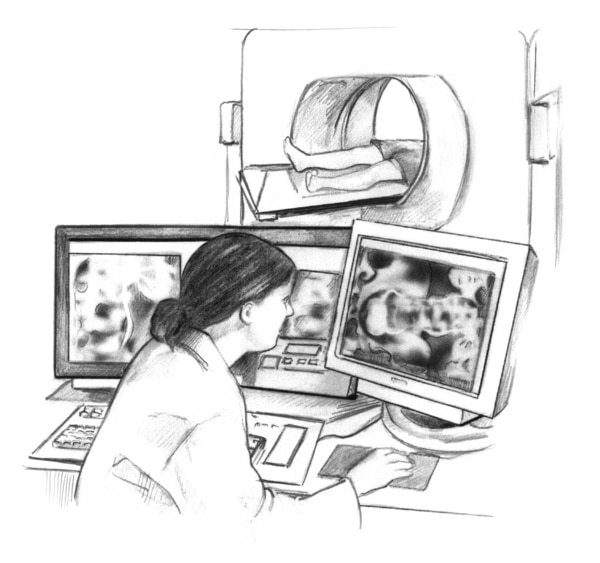 Drawing of a computerized tomography scanner with a health care professional looking on a computer screen as a patient lies inside the scanner.