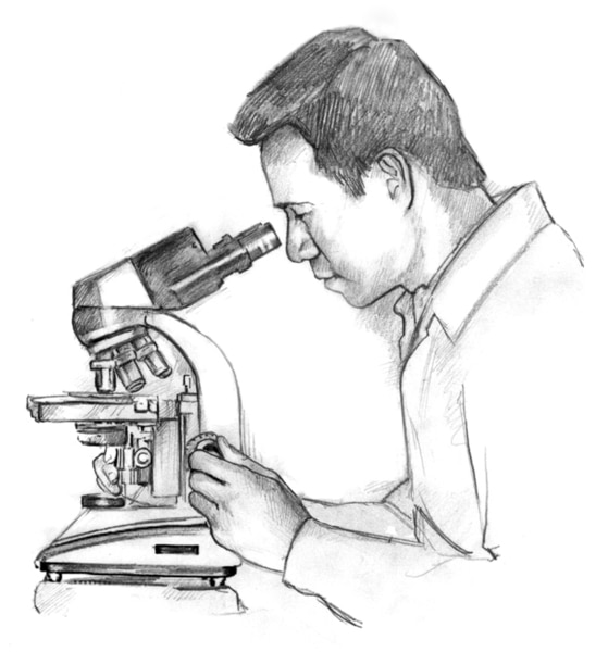 Drawing of a male health care worker looking through a microscope.