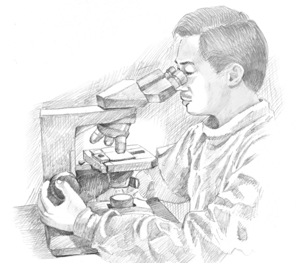 magen de un médico revisando una muestra bajo el microscopio.