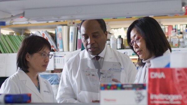 Dr. Rodgers reviewing data with two scientists.