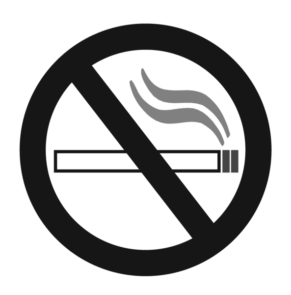 Drawing of no-smoking symbol. A lit cigarette inside a circle is crossed out by a heavy line.