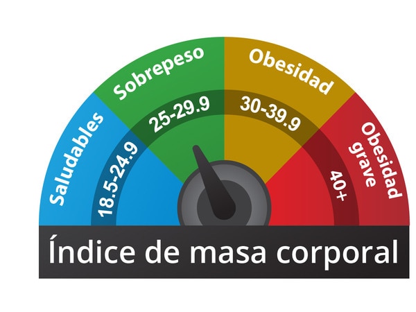 La gráfica muestra los índices de masa corporal de 18.5–24.9 como normal, de 25–29.9 como sobrepeso, de 30–39.9 como que presentan obesidad y de 40 o más como que presentan obesidad grave.