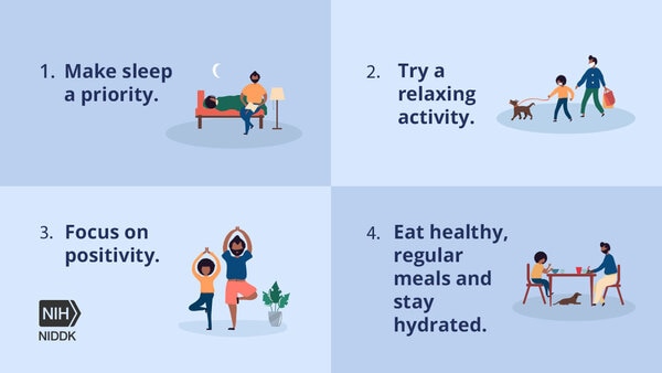 Make sleep a priority. Try a relaxing activity. Focus on positivity. Eat healthy, regular meals and stay hydrated.