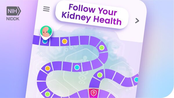 An illustration of a kidney on a path with the text: Follow your kidney health.