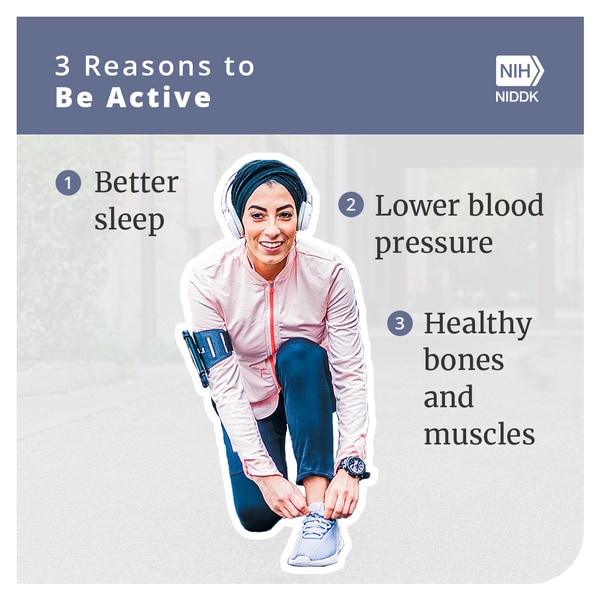 A woman tying her sneakers with the text Three reasons to be active: 1) Better sleep, 2) Lower blood pressure, 3) Healthy bones and muscles. 