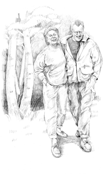 Illustration of a happy Caucasian woman and man walking.