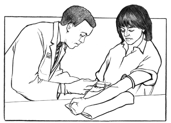 Drawing of a doctor taking a blood sample from a woman's arm.
