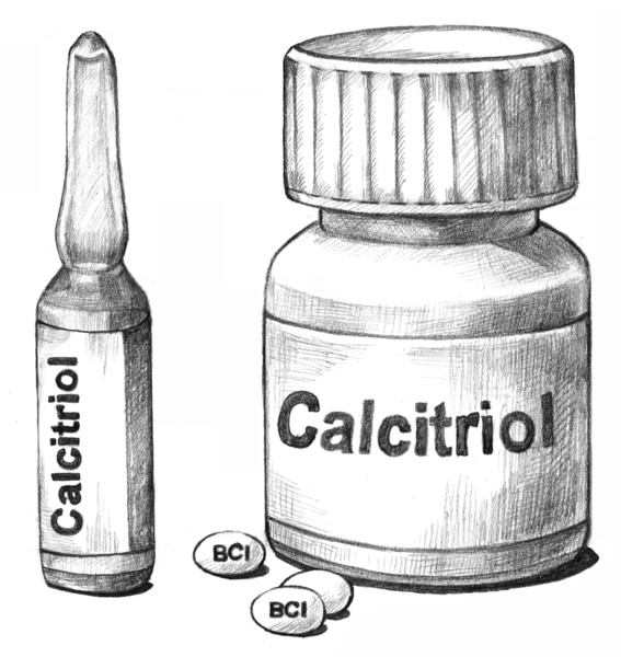 Drawing of synthetic forms of calcitriol, including a pill bottle and a vial both labeled" Calcitriol"