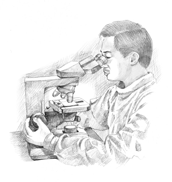 Drawing of a health care worker looking through a microscope.