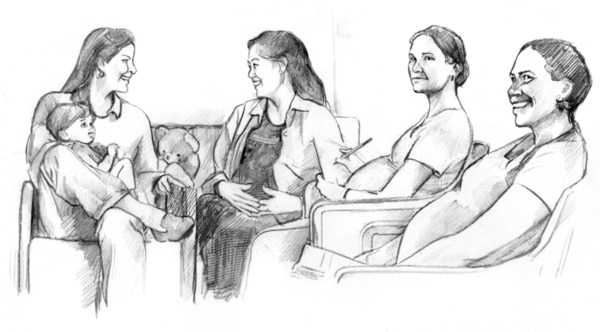 Drawing of a group of pregnant women sitting and talking. One woman has her child in her lap.