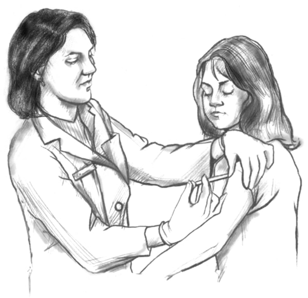 Drawing of a female health care provider giving a hepatitis B vaccination shot in the upper left arm of a female patient.