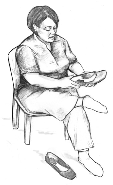 Drawing of a seated woman inspecting the inside of her shoe.