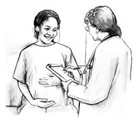 Drawing of a smiling pregnant woman sitting on an examination table in a doctor's office, talking with a female doctor. The doctor is writing on a pad of paper.