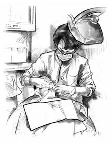 Drawing of a female dentist examining a male patient’s teeth.